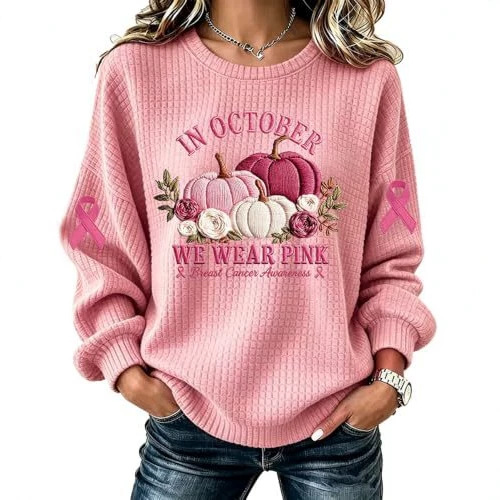 Ribbon Letter Print Crewneck Long Sleeve Waffle Sweatshirt for Women