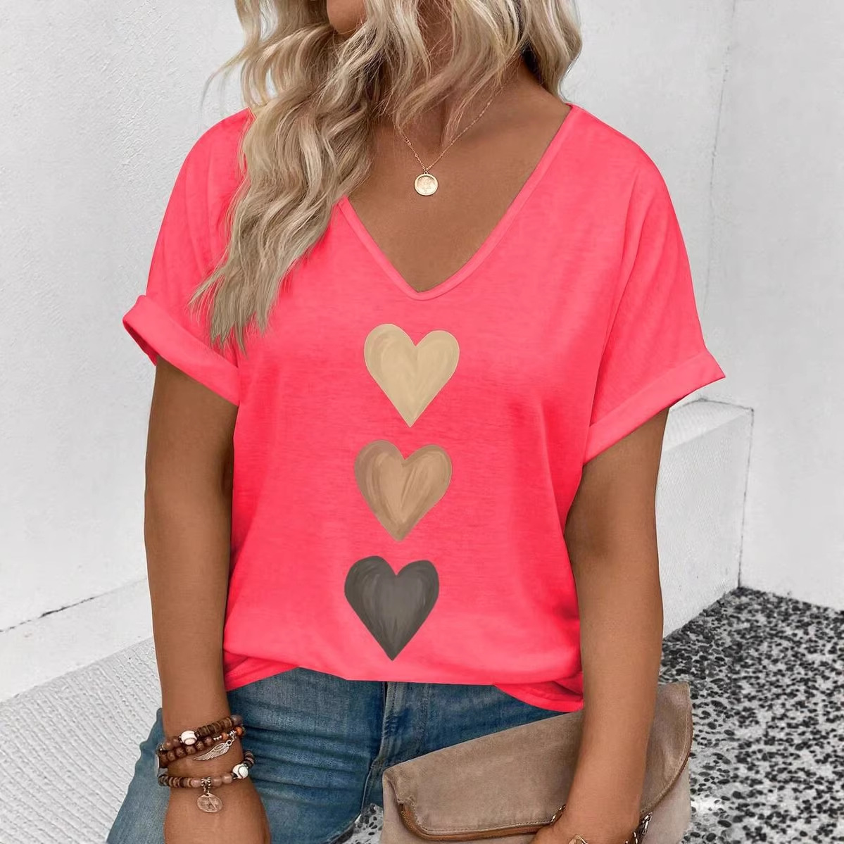 Gradient Heart Print V-Neck Short Sleeve Loose Women's Top