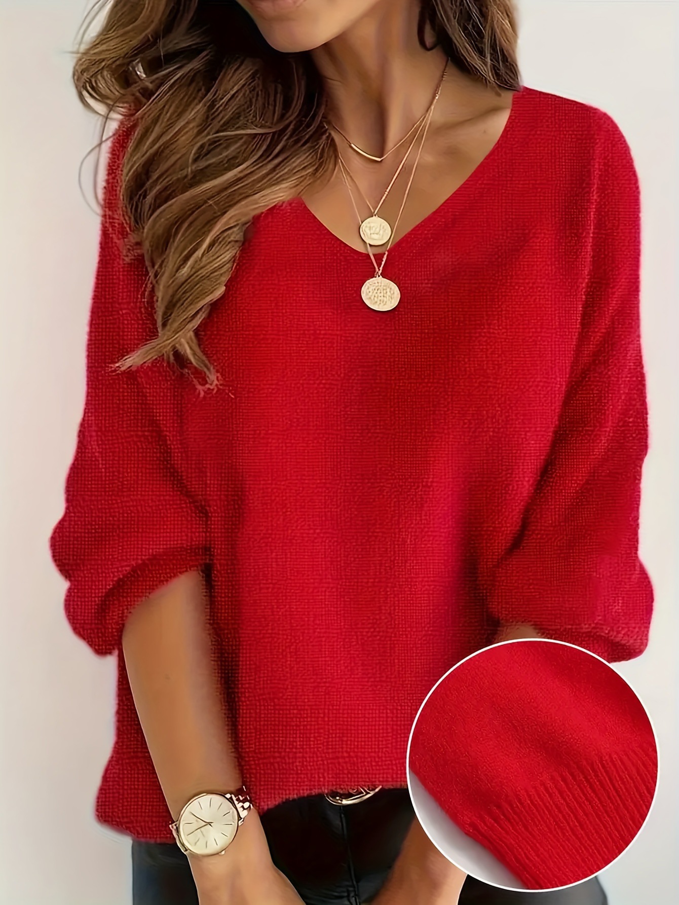 Women's V-Neck Loose Knit Pullover Sweater Solid Color