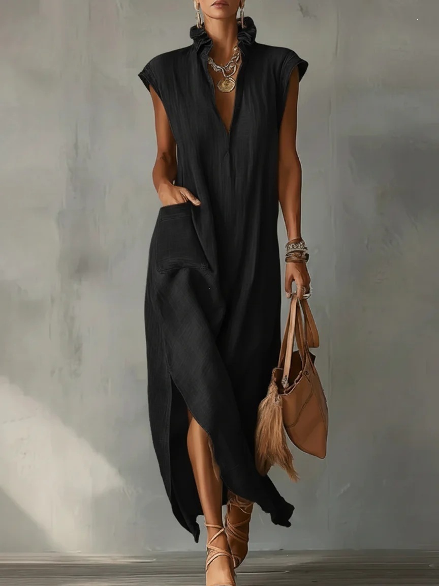 Women's Summer Sleeveless V-Neck Cotton-Linen Dress Loose A-Line Midi