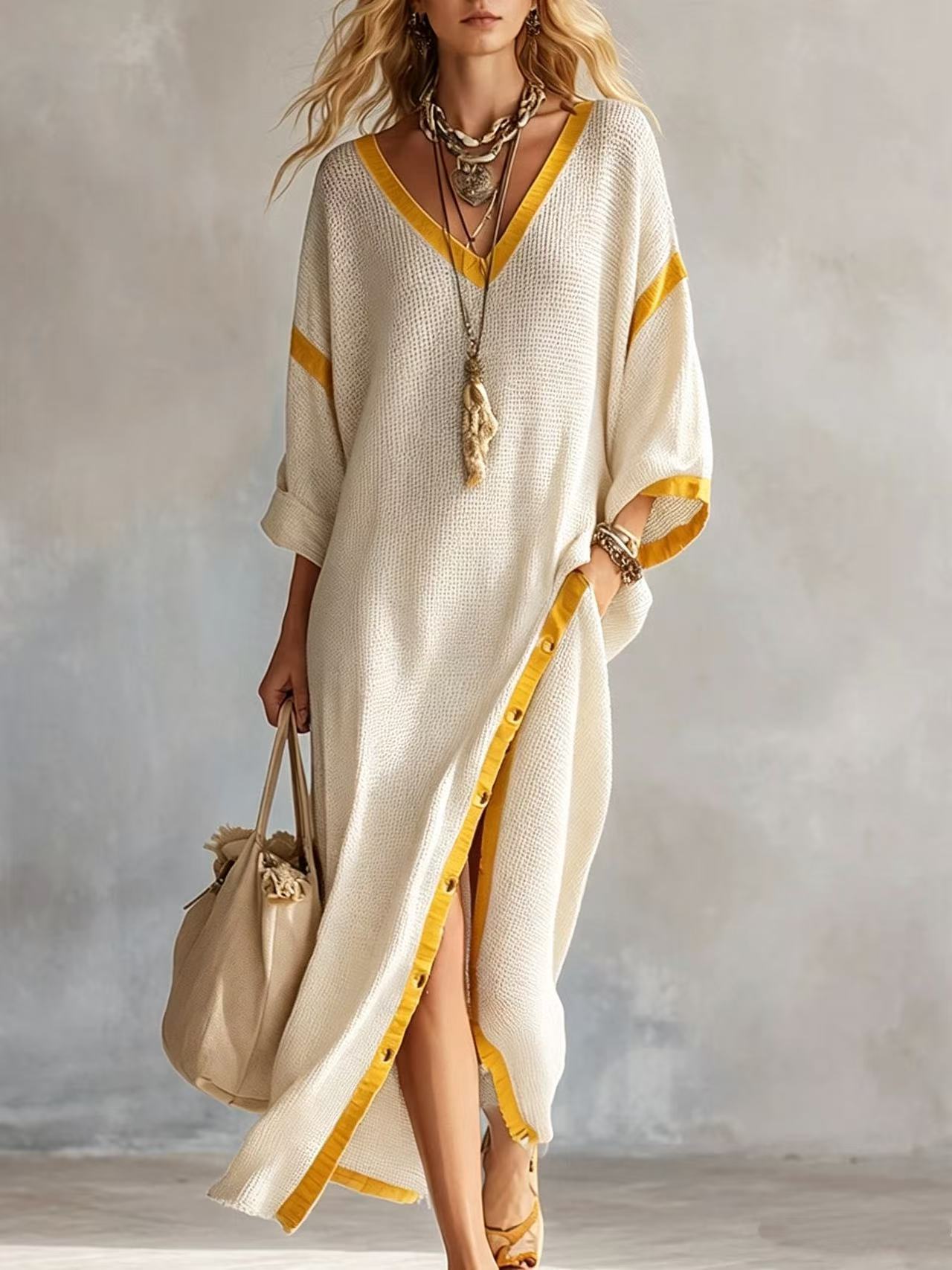Women's Boho Colorblock Loose Slit Dress