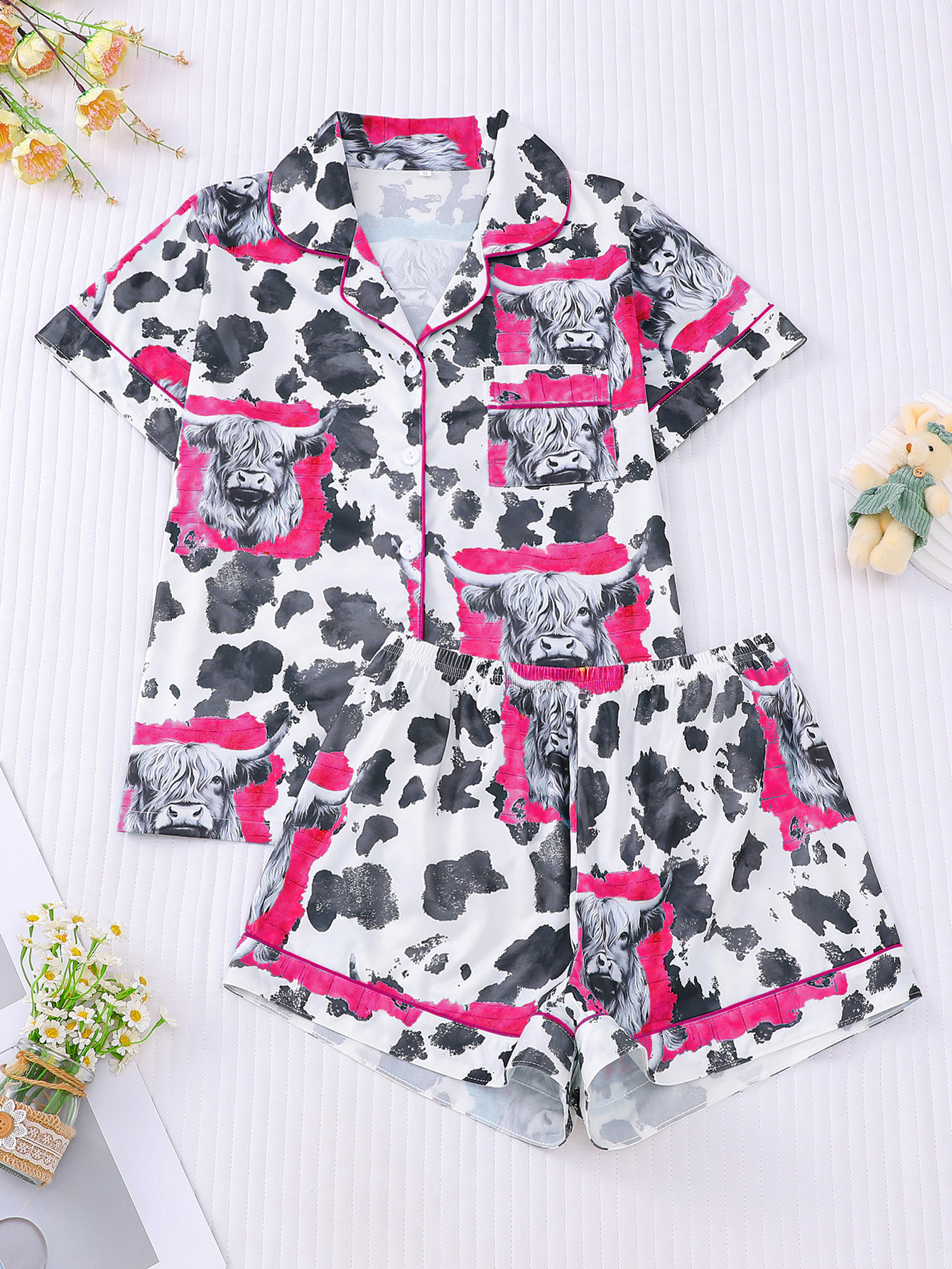 Women's Cuban Collar Polka Dot Short Sleeve Shirt Set Casual Summer