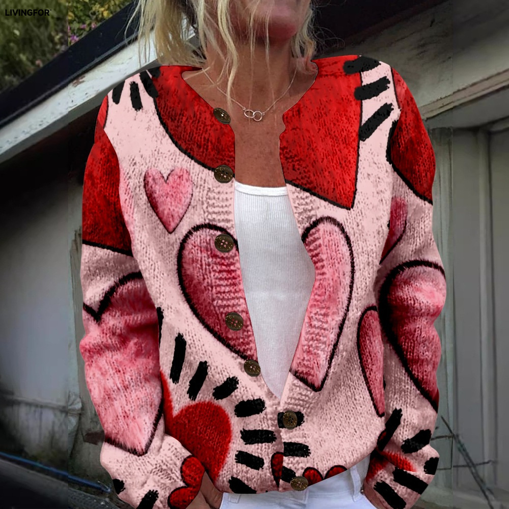 Women's Heart & Flower Print Button Cardigan Sweater