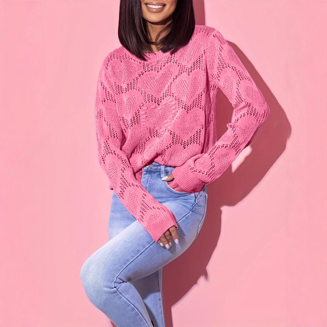 Lightweight Heart Jacquard Open-Knit Pullover Sweater