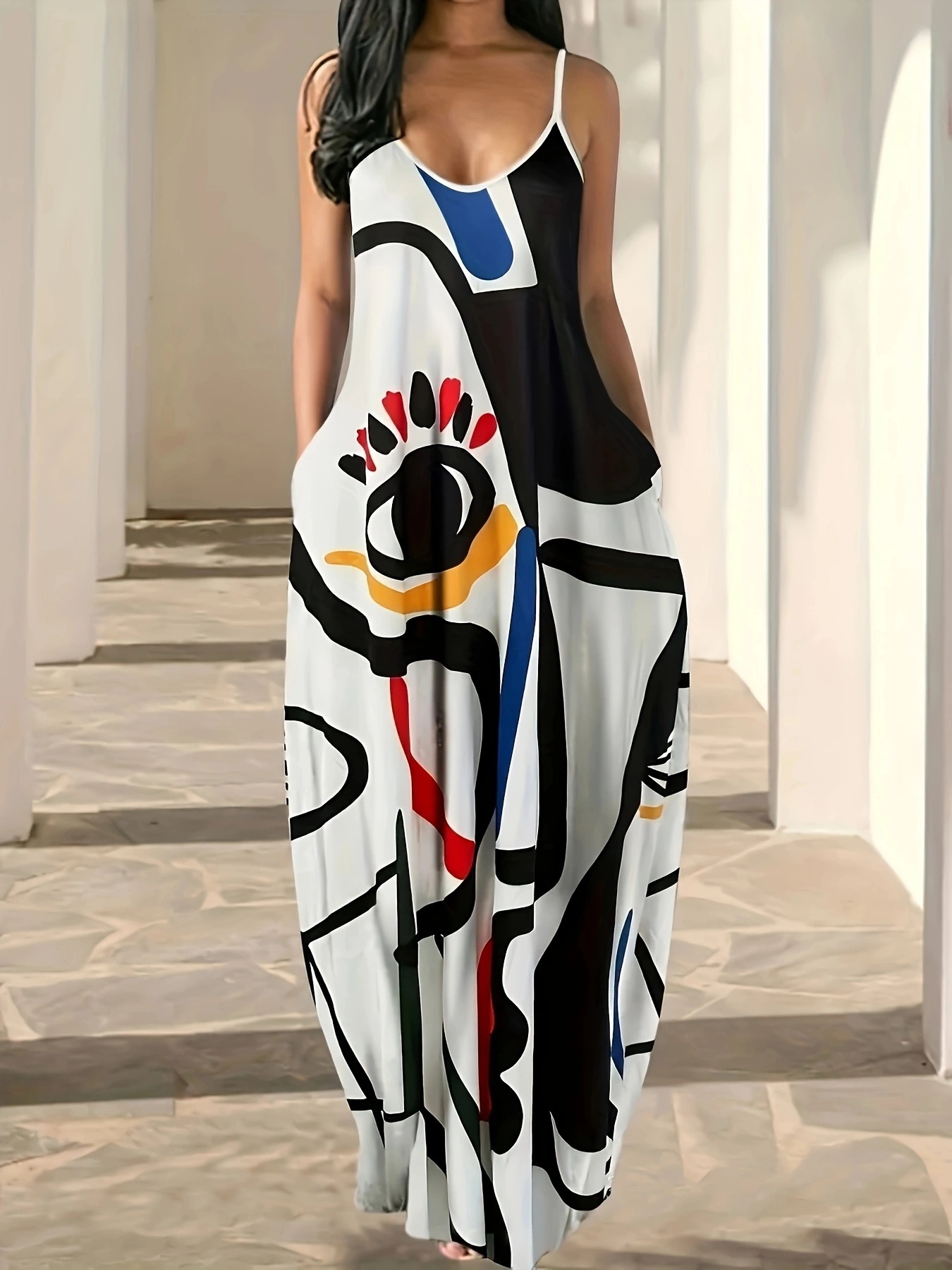 Abstract Face Print Sleeveless Maxi Dress