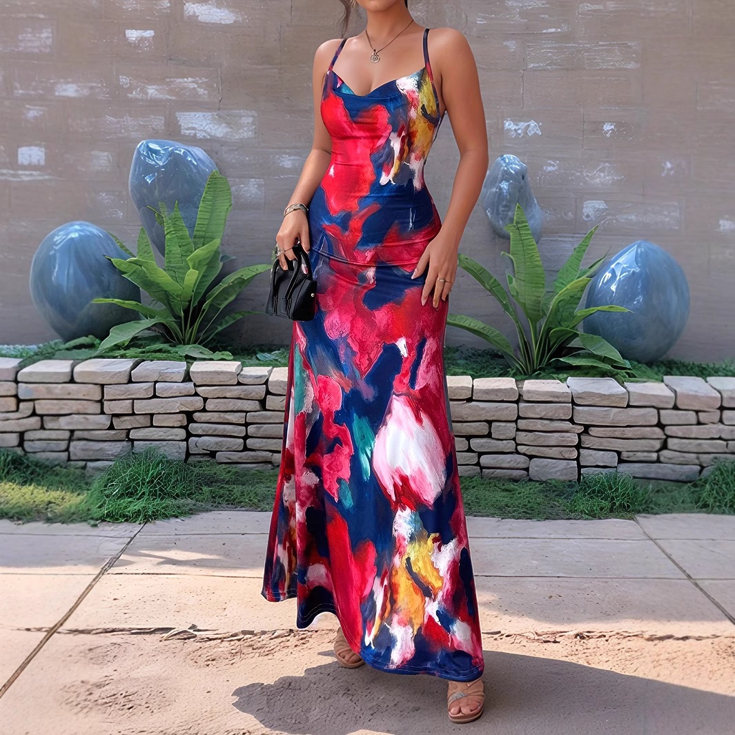 Watercolor Oil Painting Print V-Neck Bodycon Maxi Dress with Spaghetti Straps