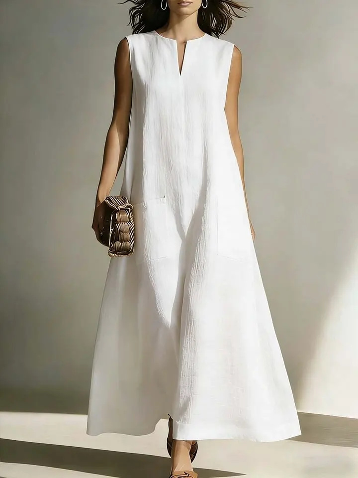 Women's Sleeveless Cotton-Like Linen A-Line Midi Dress