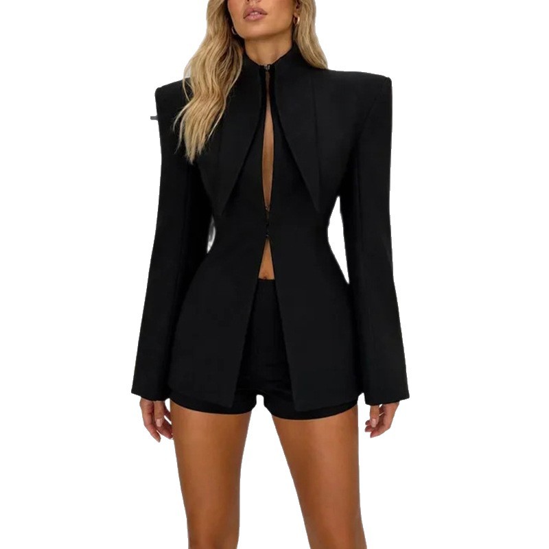 Women's Tailored Blazer Suit Set with Cinched Waist Slimming Design