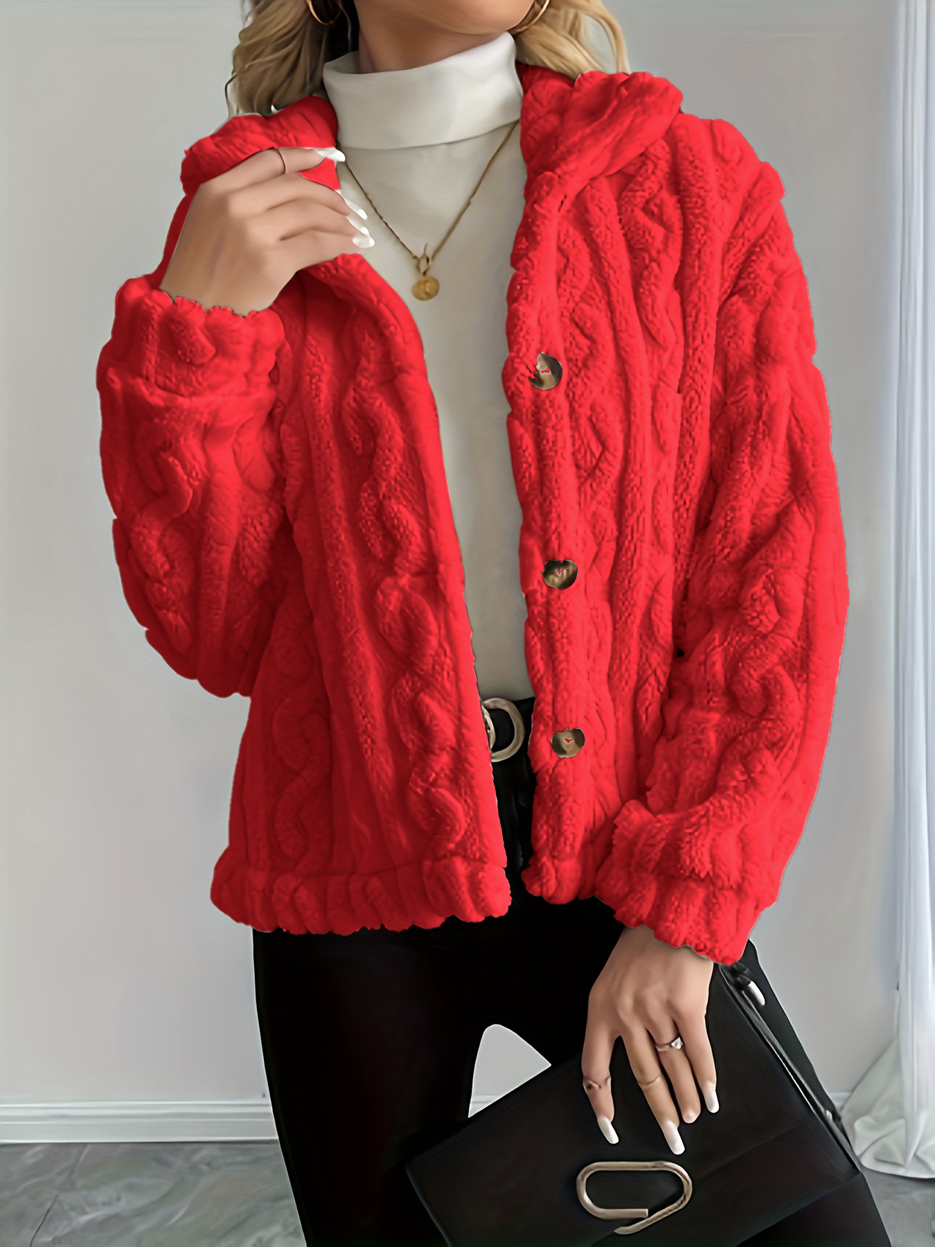 Double-Sided Fleece Cable-Knit Women's Jacket Cozy Warm Button-Up Coat