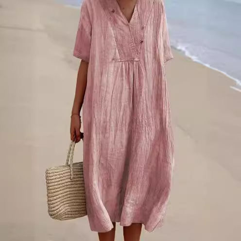 Women's Solid Cotton-Linen Casual Slimming Dress
