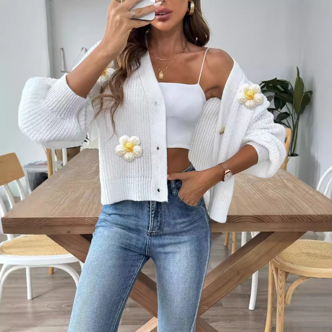 Women's Crochet Floral Spliced Button Cardigan Sweater