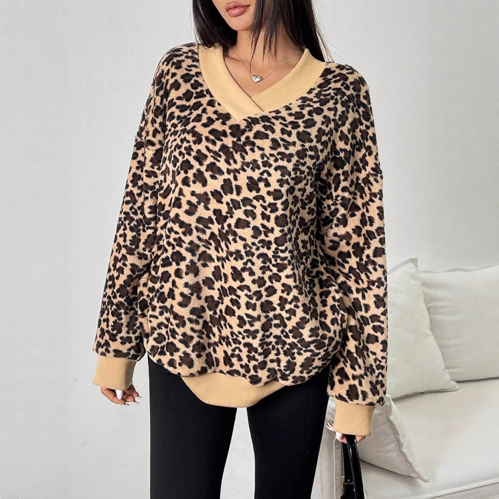 Women's V-Neck Leopard Print Fuzzy Pullover Sweatshirt