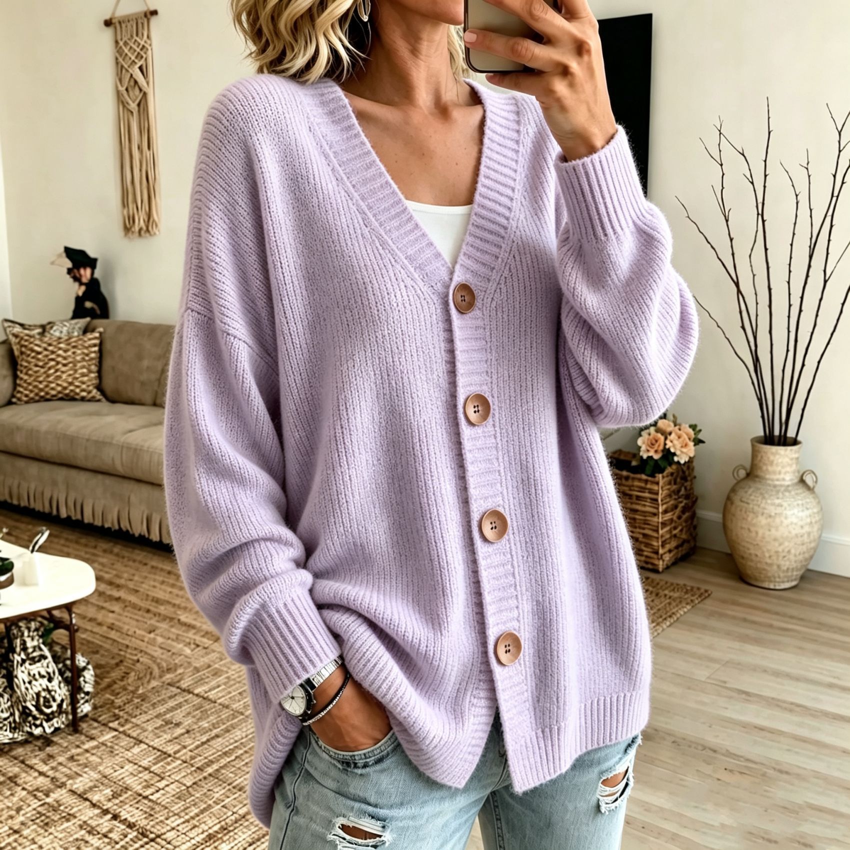 Women's Button-Front V-Neck Knit Cardigan Sweater