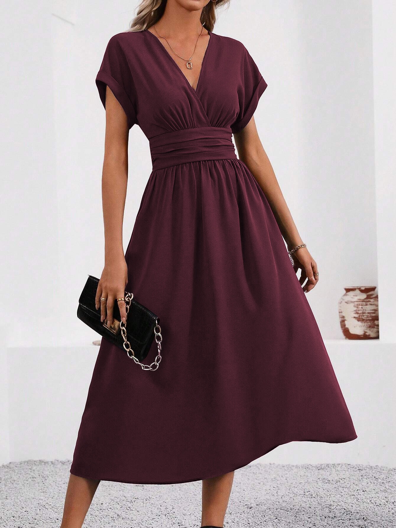 Women's Solid Overlap V-Neck Batwing Sleeve Ruched Waist Long Dress