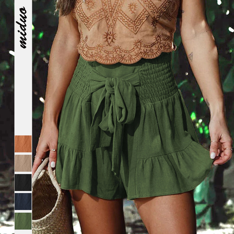 Women's Tie-Waist Ruffle Wide-Leg Shorts Cotton-Linen Blend