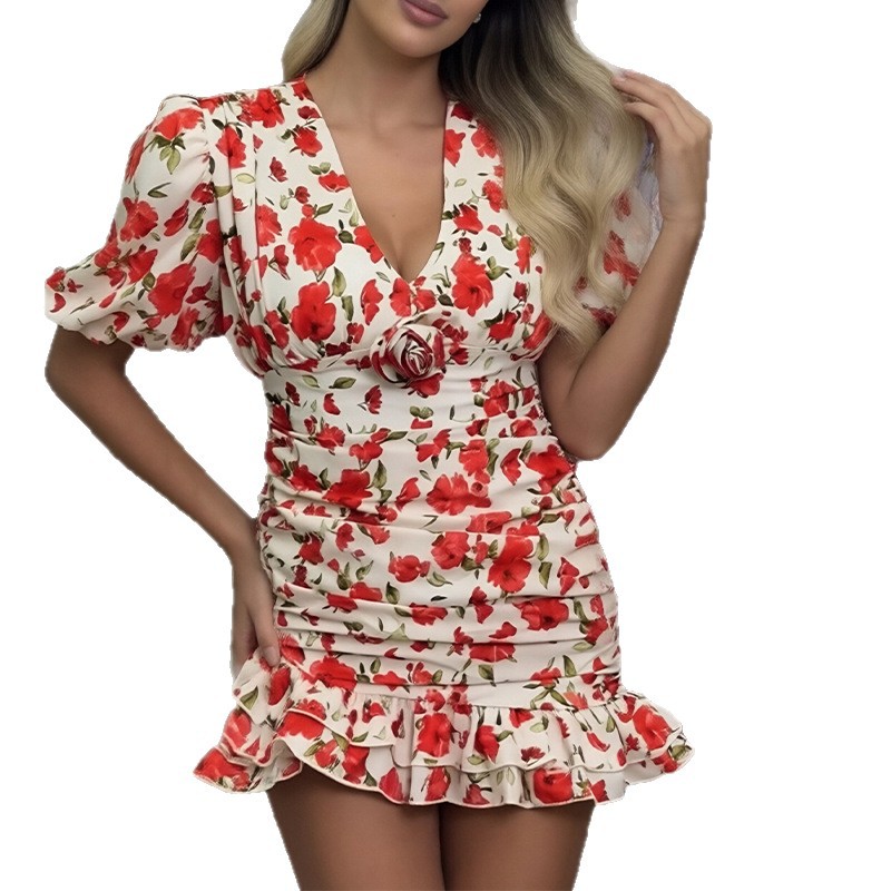 Women's Floral Print Lantern Sleeve Pleated A-Line Short Dress