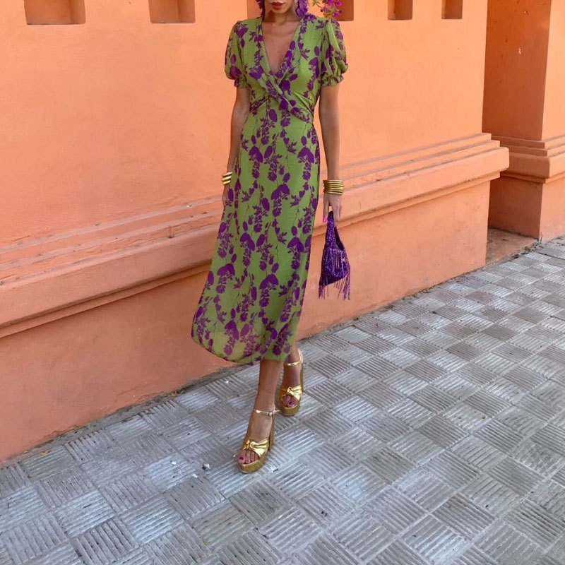 Women's Colorblock Print Short Sleeve Midi Dress