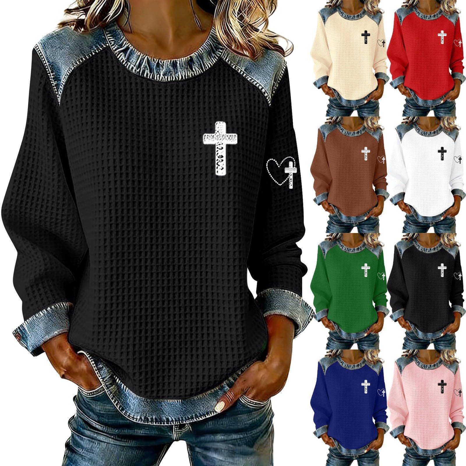 Women's Cross Print Crewneck Pullover Sweatshirt