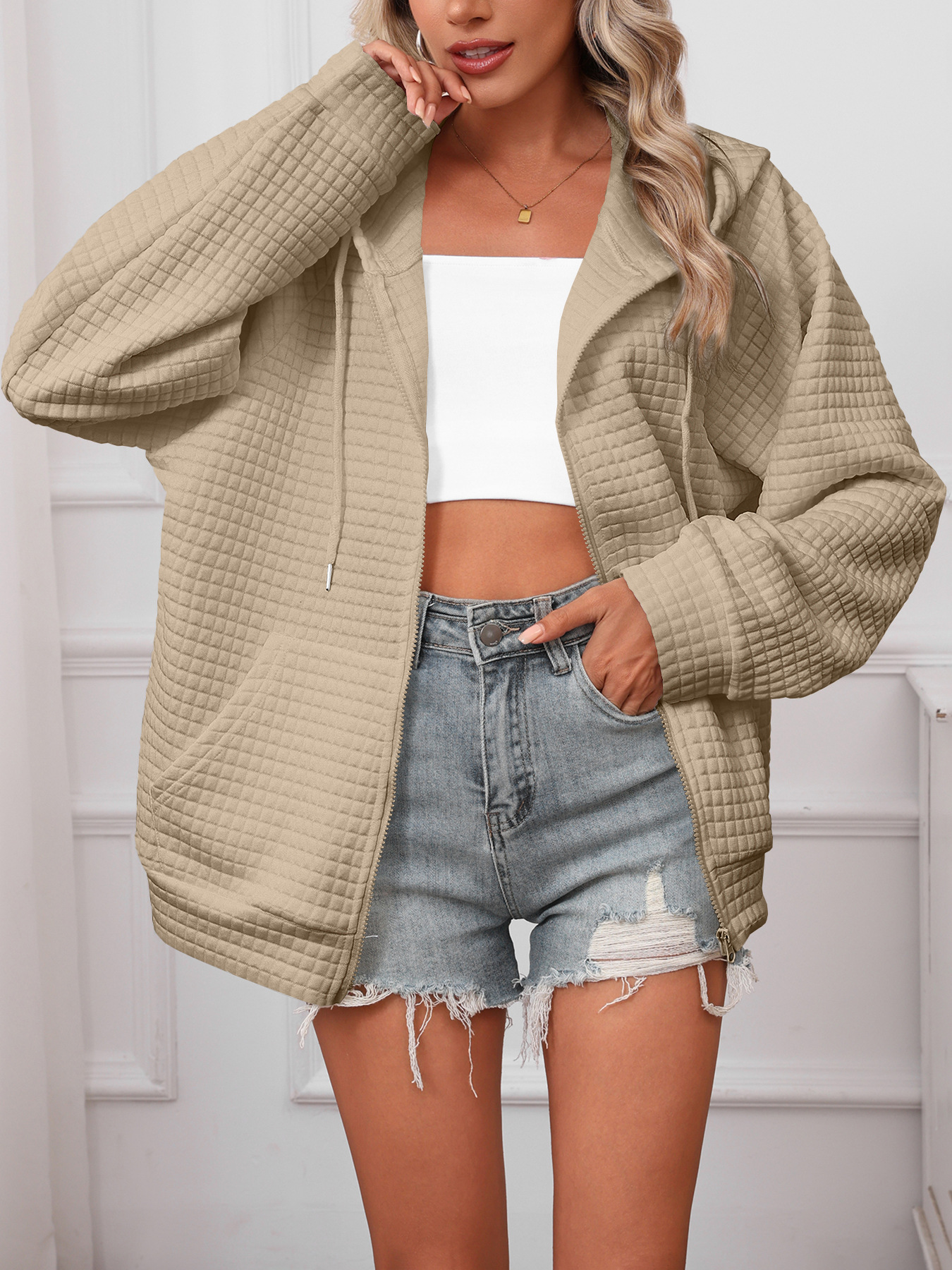 Waffle Knit Hooded Drawstring Zip-Up Jacket for Women