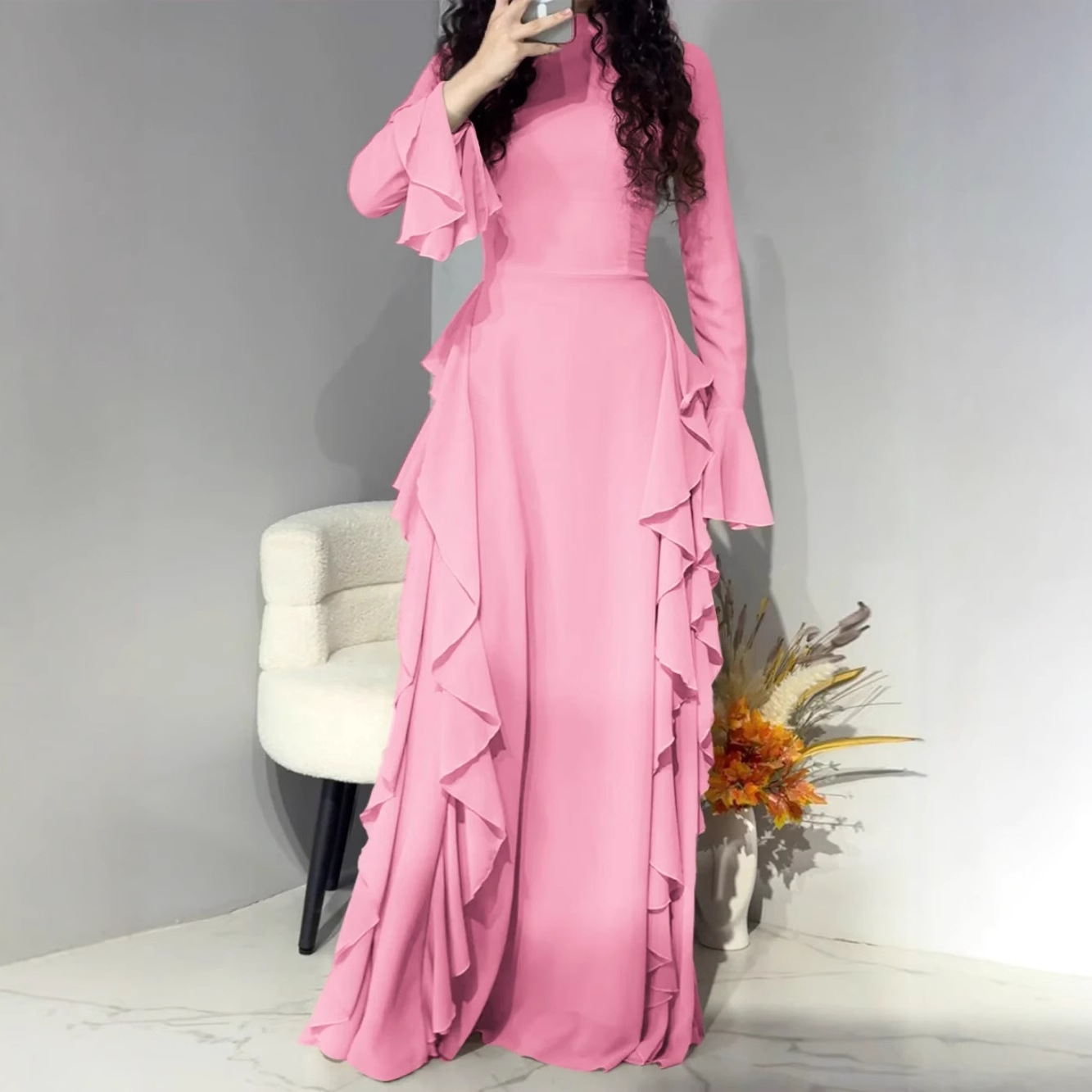 Elegant High-Waist Solid Bell-Sleeve Long Dress