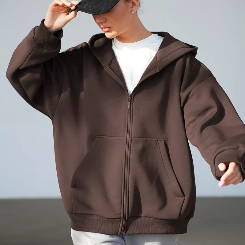 Solid Color Loose Fit Long Sleeve Zip-Up Hooded Sweatshirt Cardigan for Women
