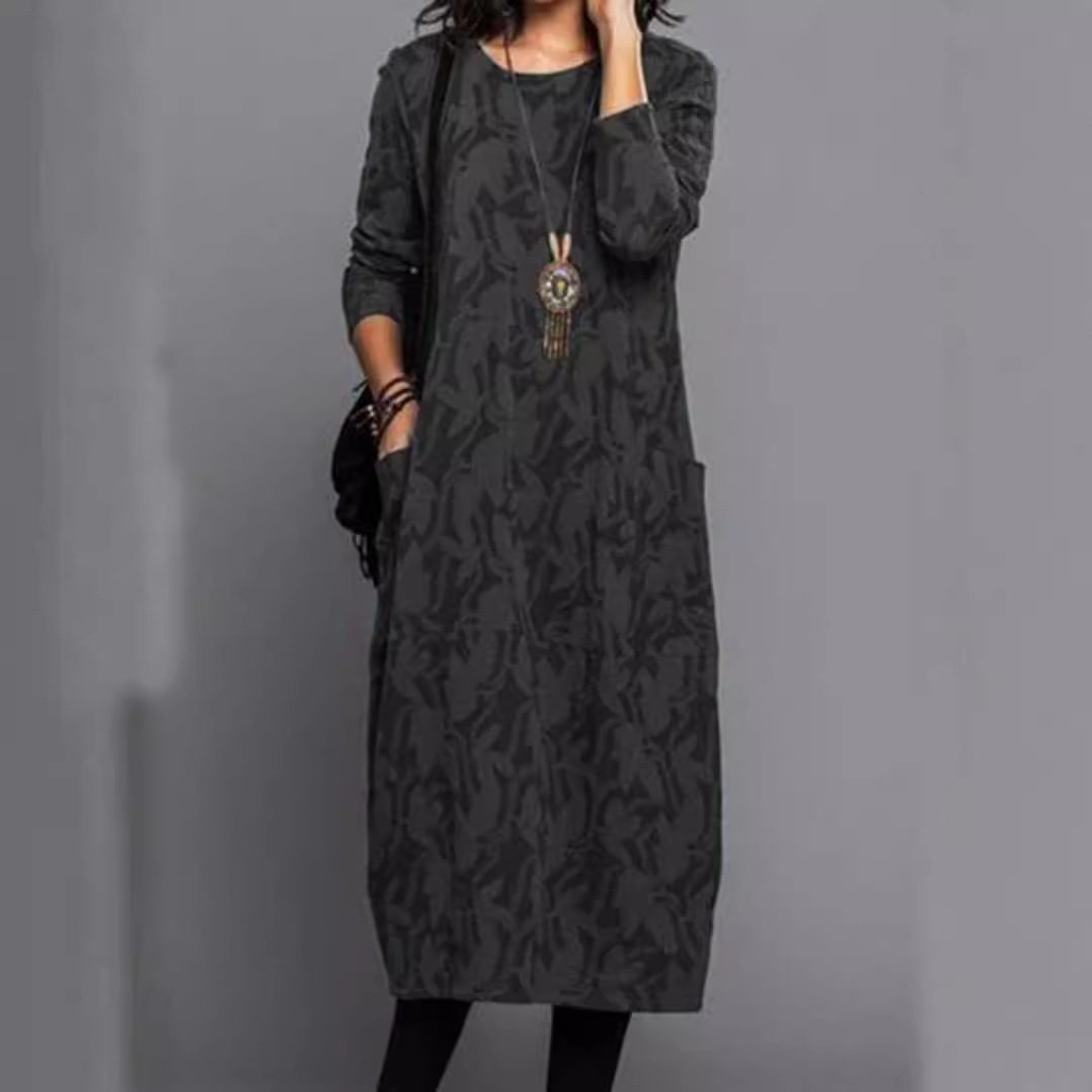 Women's Round Neck Long Sleeve Pocket Dress Casual Floral Print