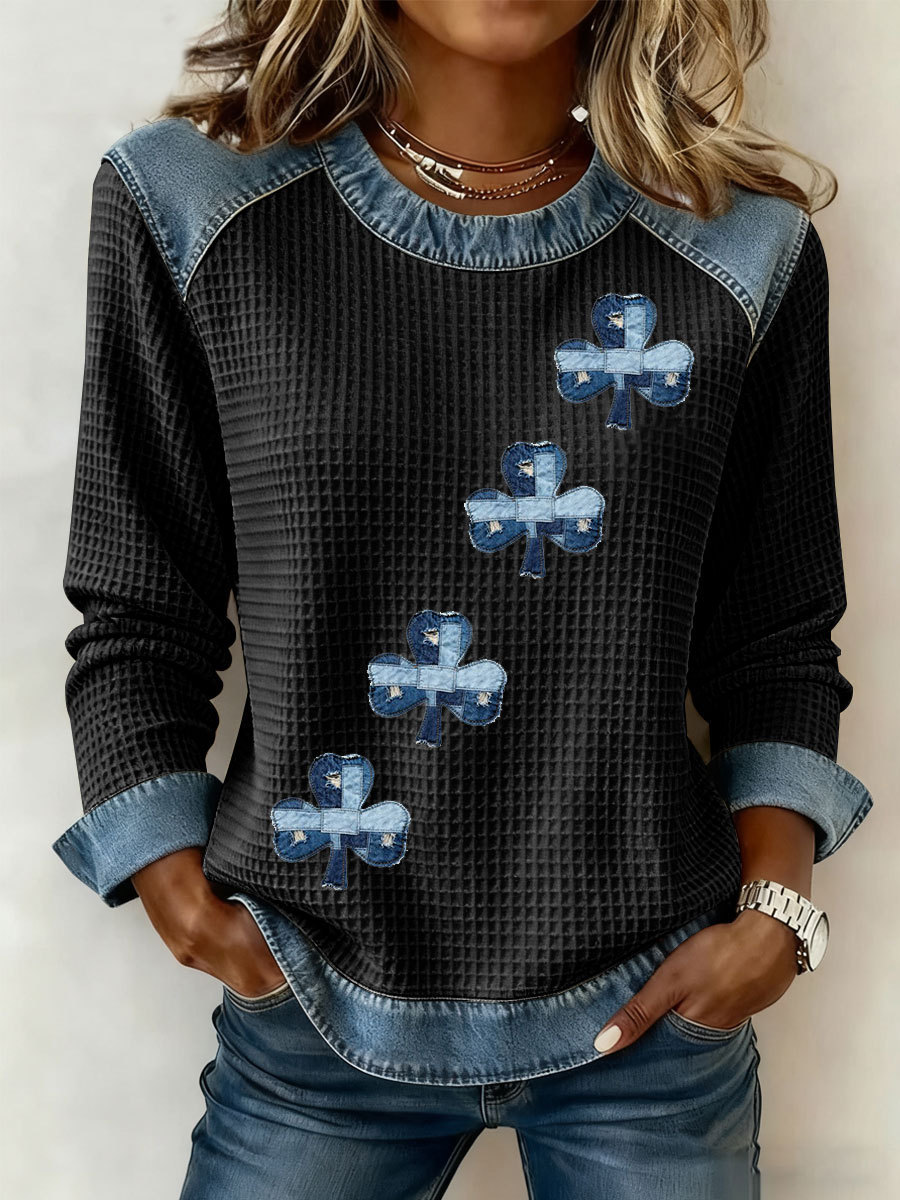 3D Print Denim Collar Waffle Knit Pullover Sweatshirt Women's Loose Fit