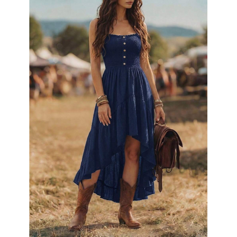 Bohemian Smocked Waist Midi Dress Sleeveless A-Line