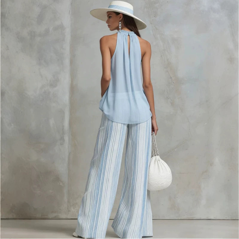 Light Blue Chiffon Sleeveless Top and Striped Wide-Leg Pants Set
