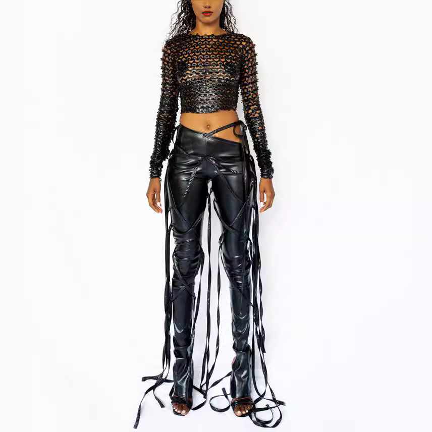 Women's PU Leather Flare Pants with Asymmetric Waist and Multi-Strap Lace-Up