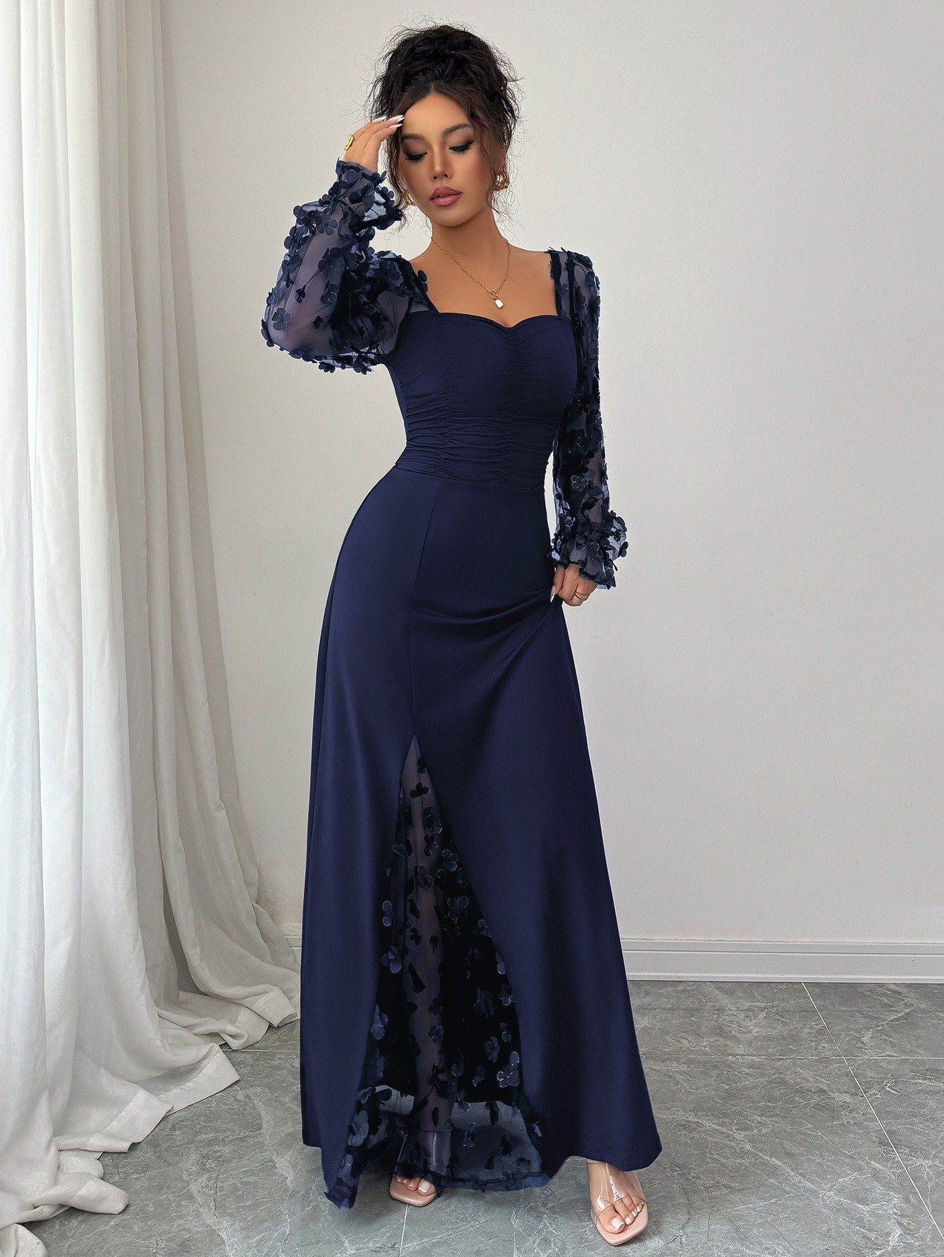 French Vintage Sheer Long Sleeve Evening Dress