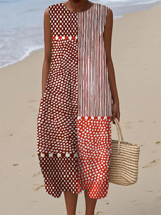 Women's Sleeveless Polka Dot Floral Midi Dress Casual