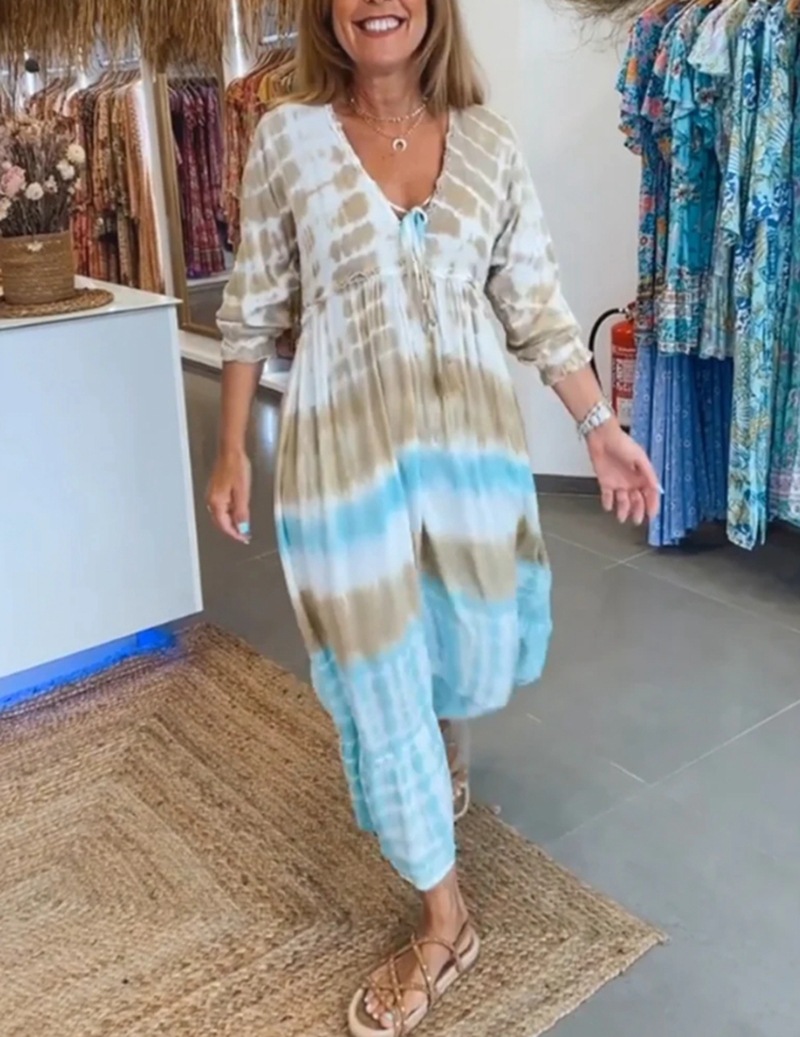 Women's Printed Deep V-Neck Long Sleeve Colorblock Dress