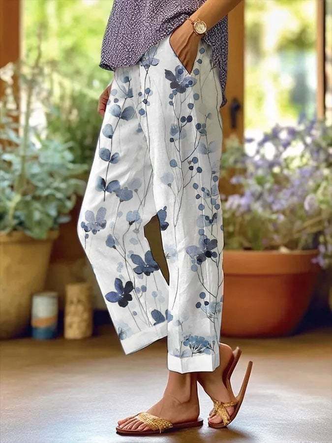 Women's Polka Dot Floral Print Straight-Leg Casual Pants