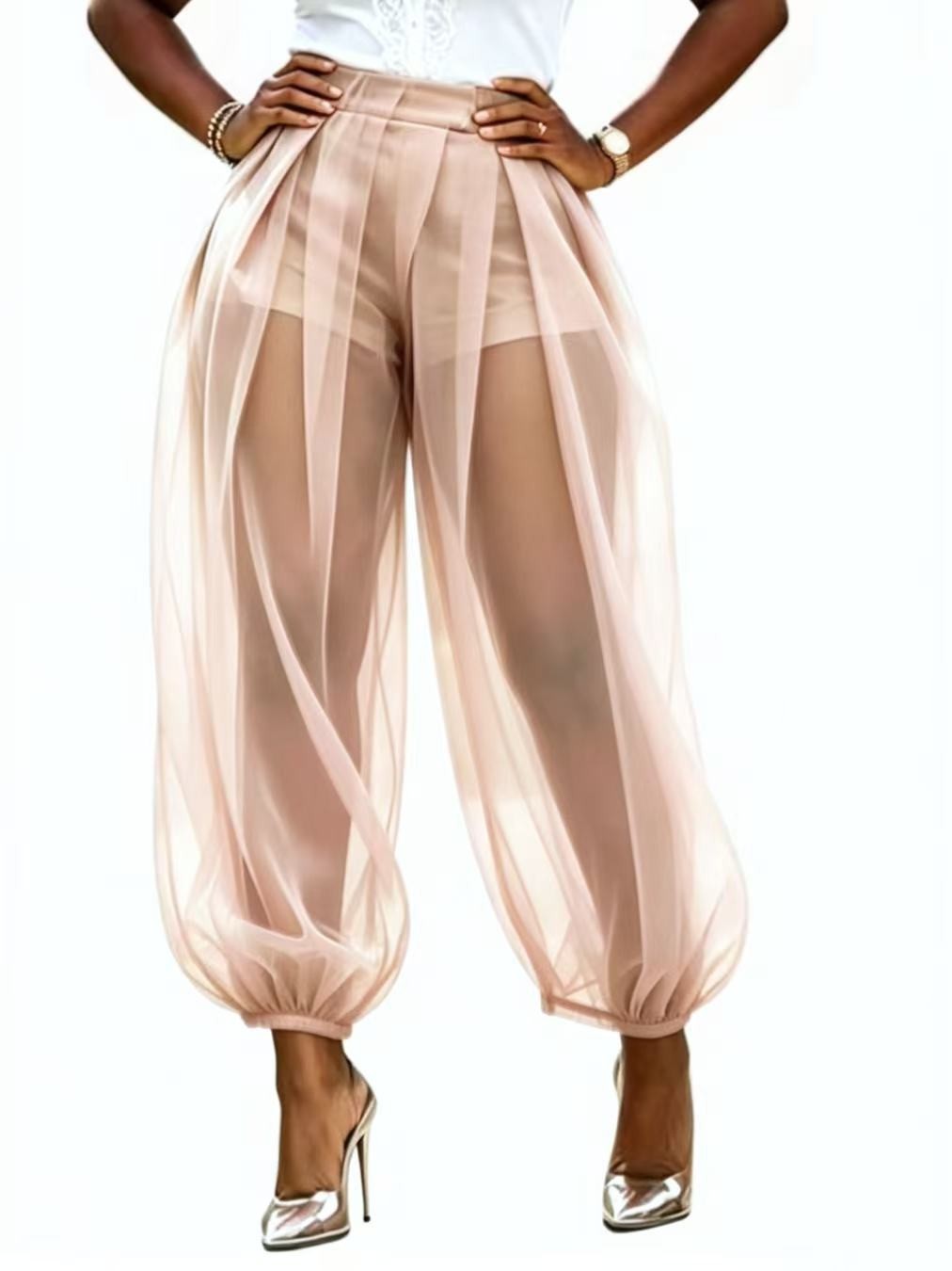 Sheer Mesh Solid Color Loose Lantern Pants