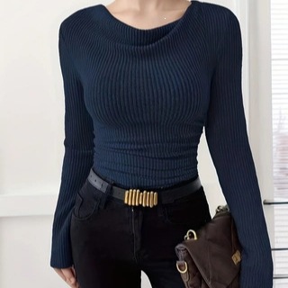 French Draped Cowl Neck Ribbed Knit Long Sleeve Top