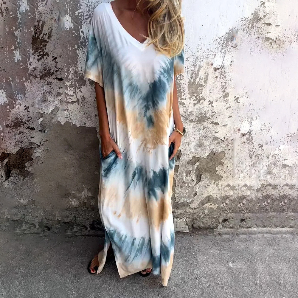 Women's Casual Loose Short Sleeve V-Neck Slit Tie-Dye Maxi Dress