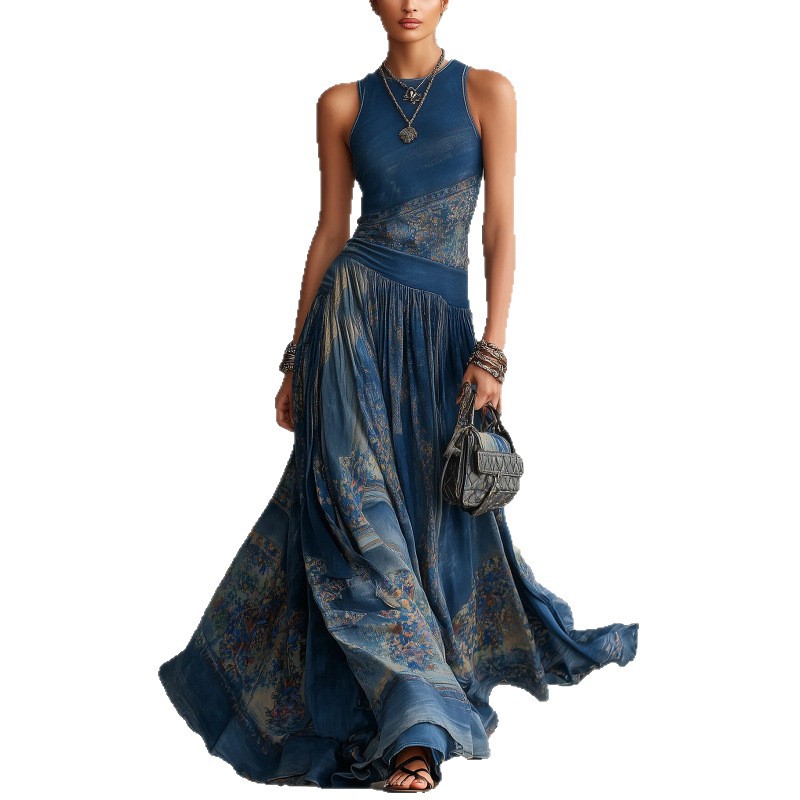 Digital Print Sleeveless A-Line Midi Dress with Round Neck