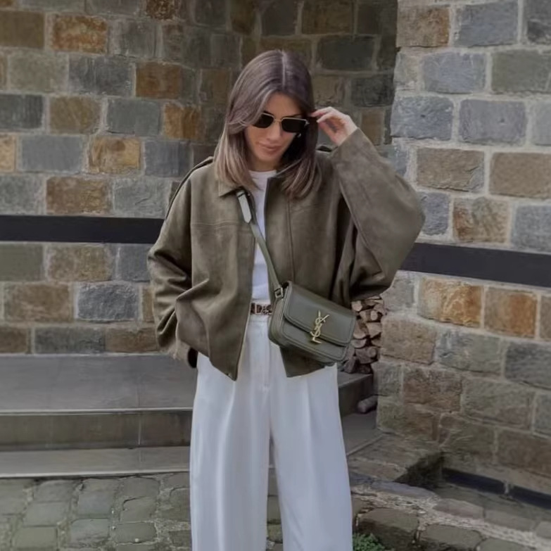 Suede-Feel Collared Bomber Jacket for Women