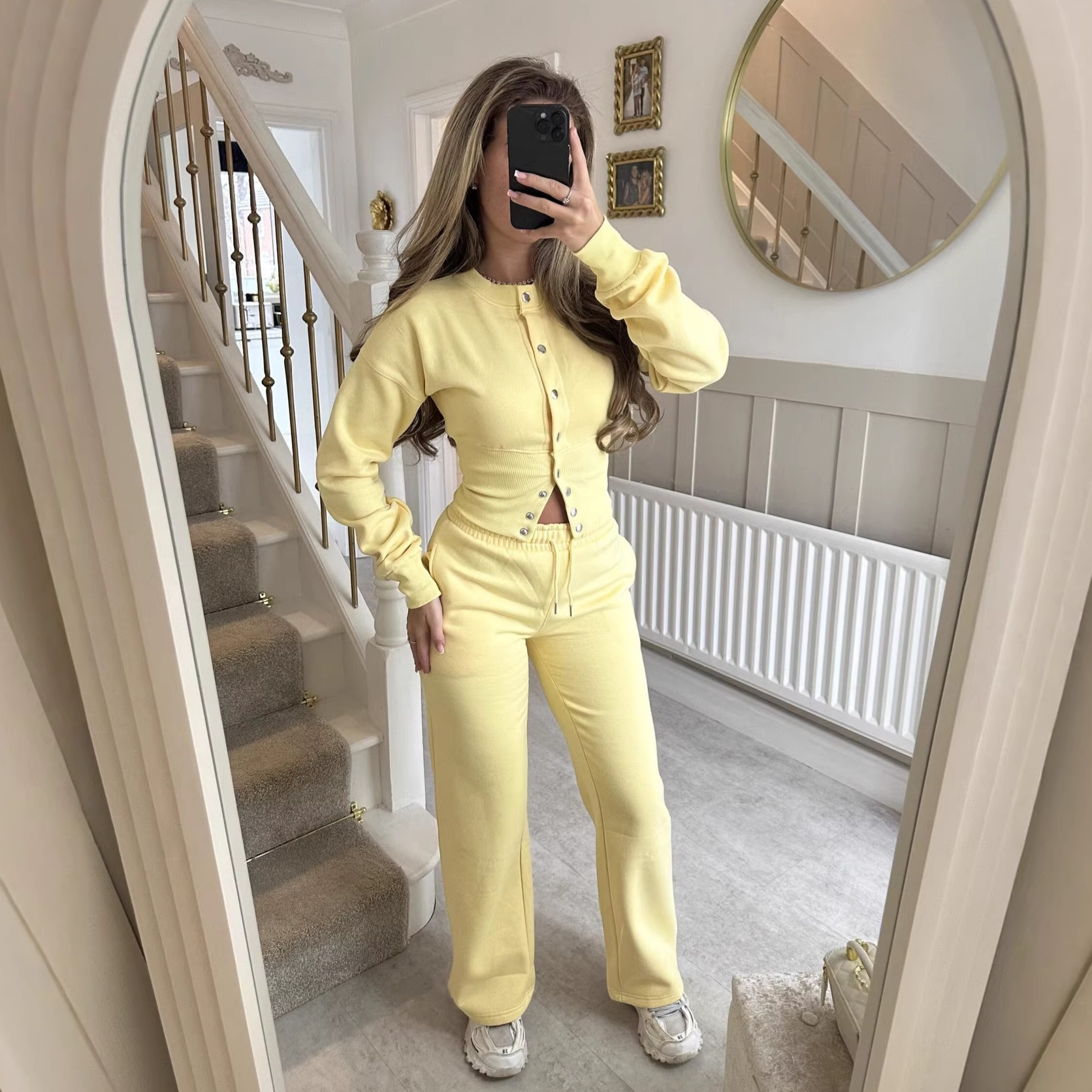 Women's Solid Button-Front Cardigan and Straight-Leg Pants Set