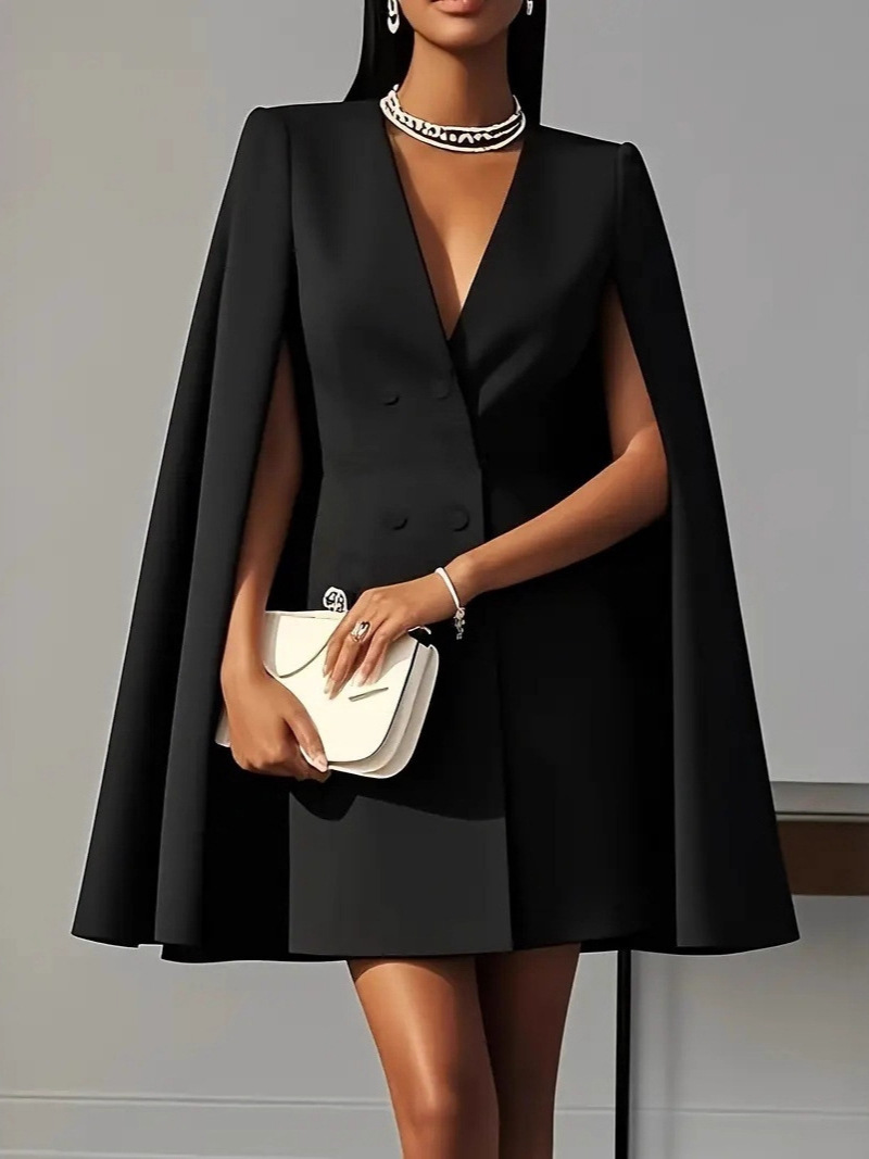 Double-Breasted Cape Blazer Dress Solid Color