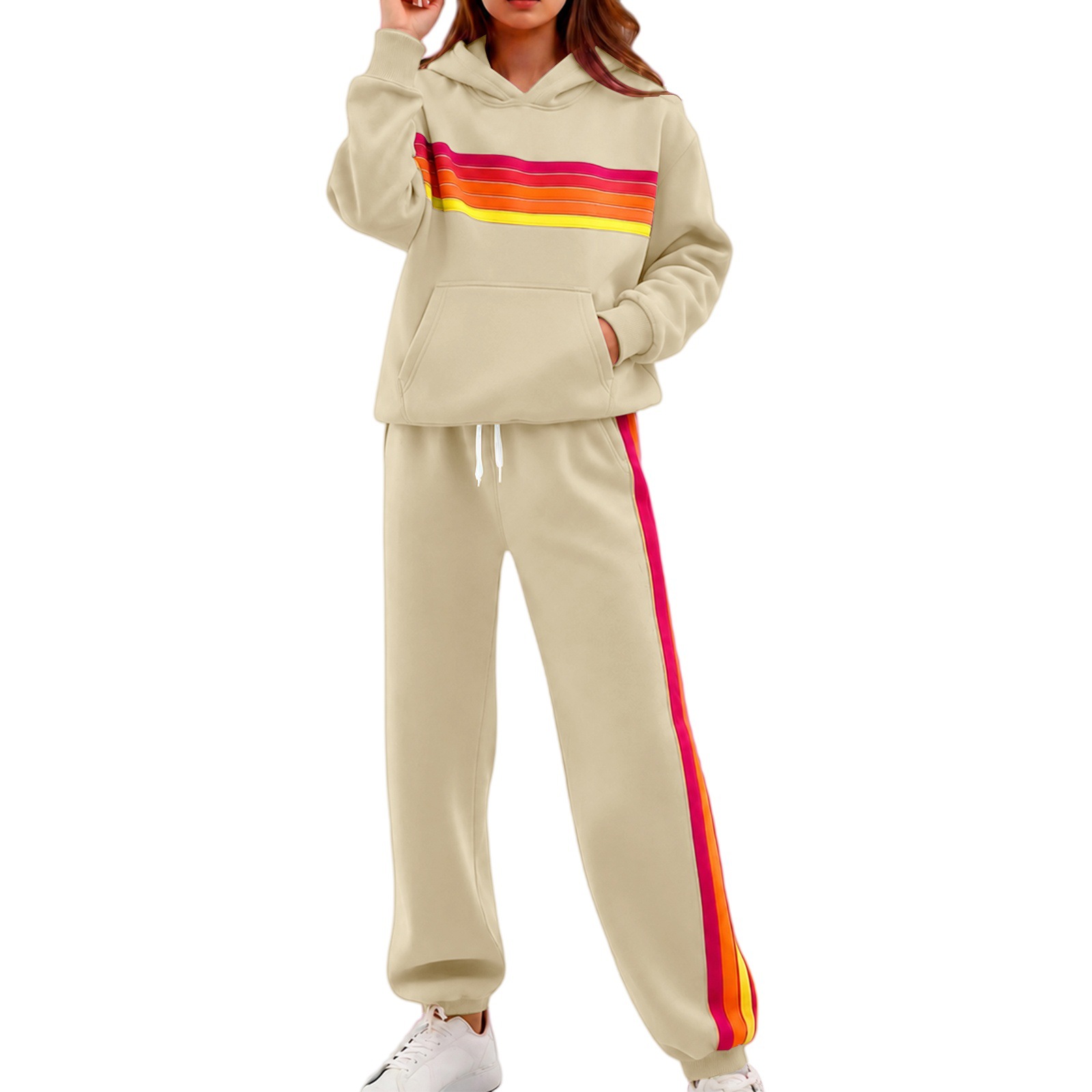 Women's Hooded Colorblock Striped Loungewear Set with Elastic Waist