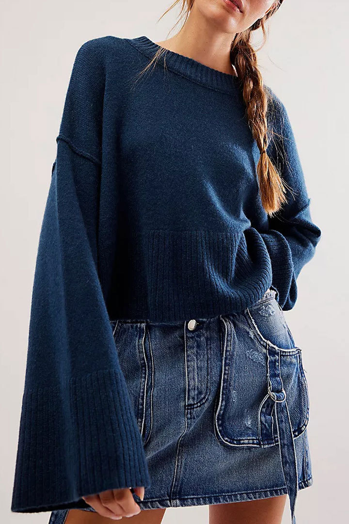 Solid Crewneck Bell Sleeve Knit Pullover Sweater