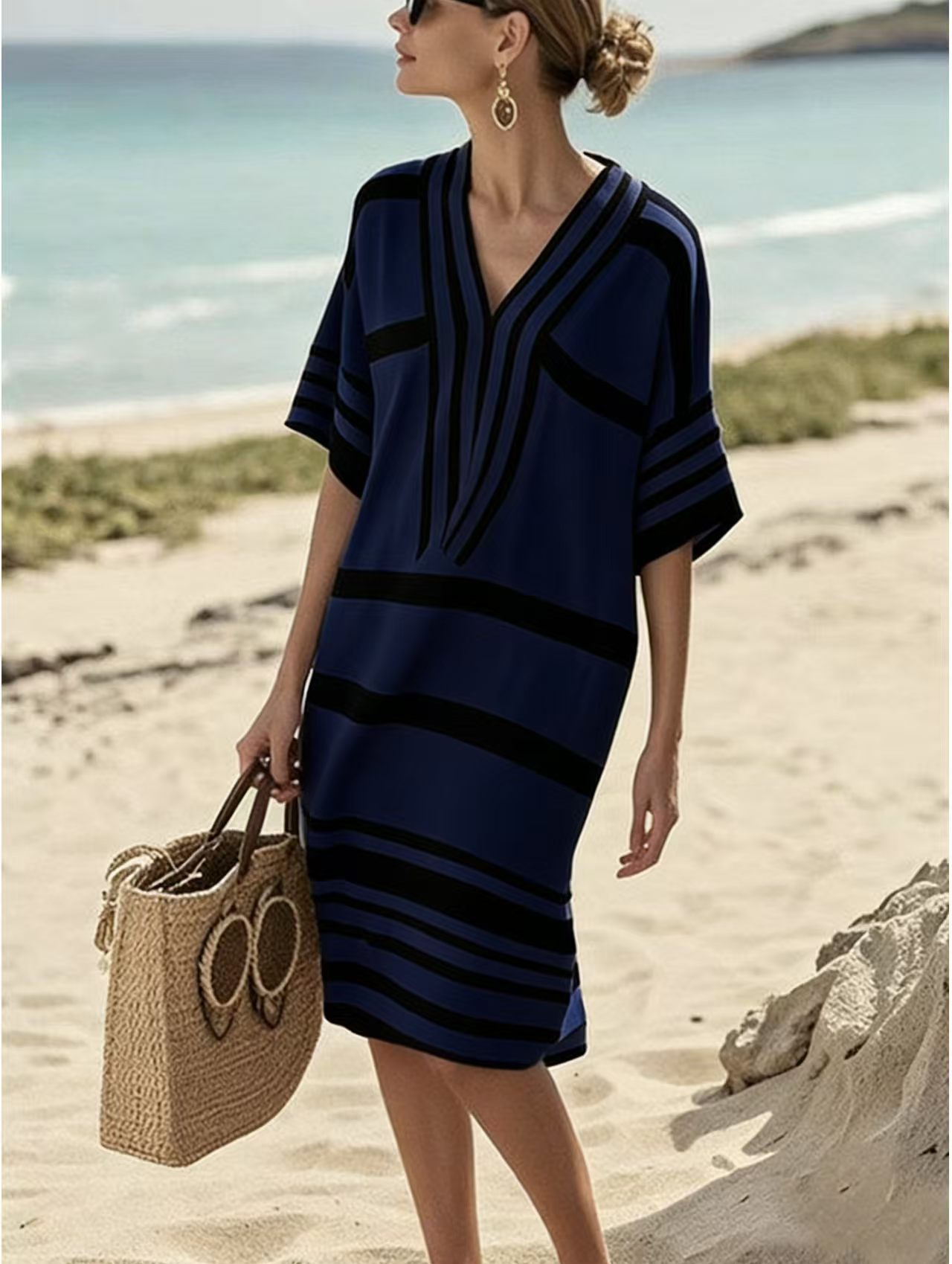 Women's Plaid Striped Solid Print Midi Dress
