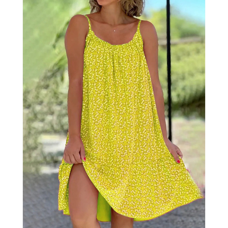 2023 New Amazon Independent Station Europe & US Cross-Border Hot-Selling Hem Pleated Floral Spaghetti Strap Loose Dress Women