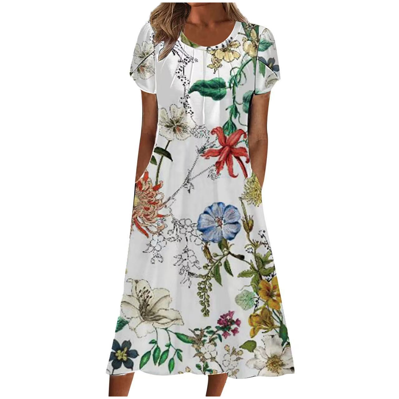 Women's Floral Print Round Neck A-Line Midi Dress with Pockets