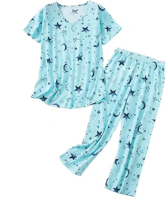 Women's Short Sleeve Capri Pants Pajama Set Knit Cotton Loungewear Plus Size