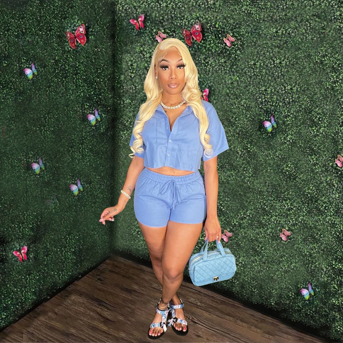 Women's Short Sleeve Shirt and Drawstring Pocket Shorts Two-Piece Set