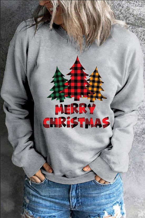 Women's Colorblock Plaid Cartoon Tree Crewneck Sweatshirt