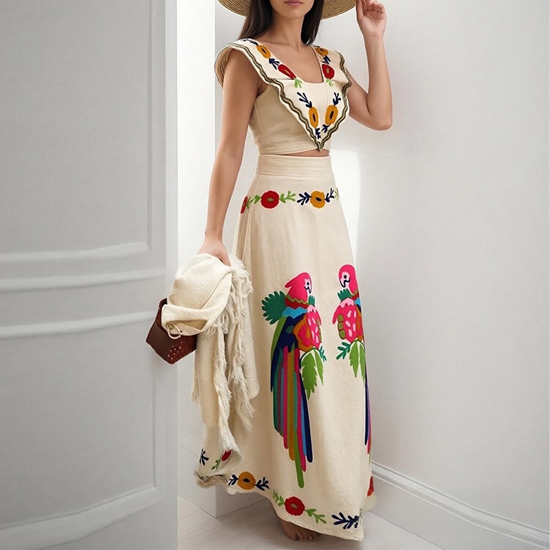 Women's Summer Floral Print Ruffle Top and Skirt Two-Piece Set